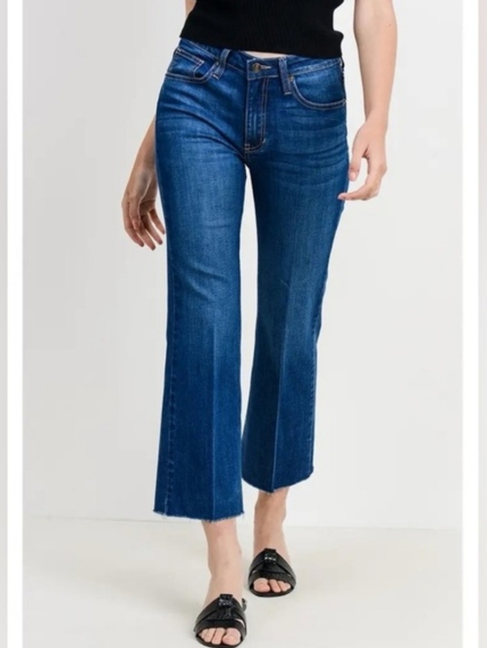 L.T.J Letter to Juliet Sicily High-Rise Crop Flare Dark Blue Denim Jeans Raw Hem